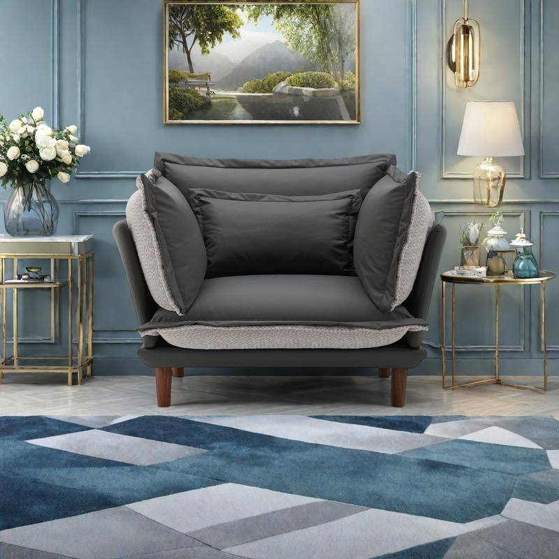 Dual-Texture Chenille & Wood Oversized Lounge Chair with 5 Adjustable Pads and Feather-Blend Cushions - Blue Gray
