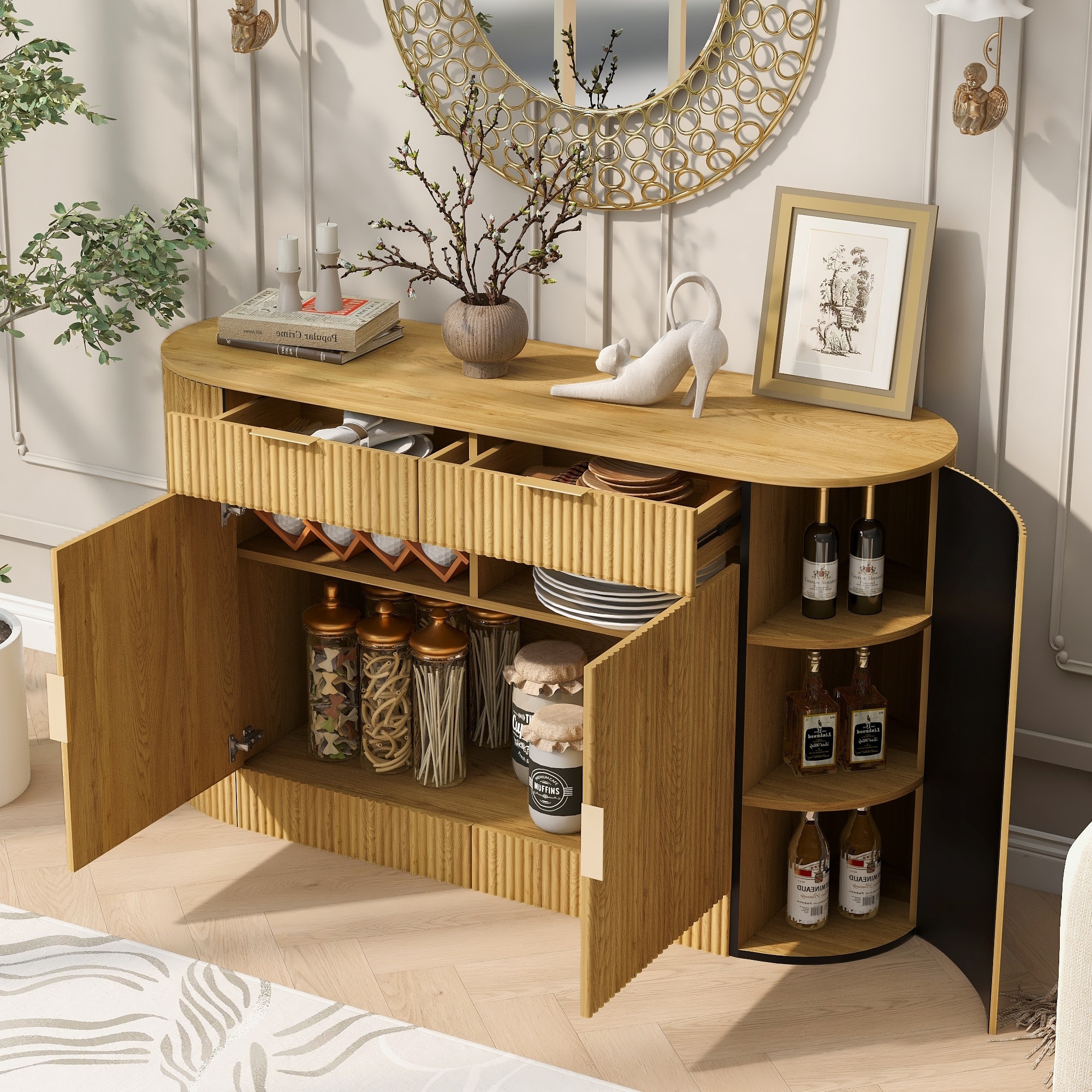 55.1-Inch Modern Buffet Cabinet with 2 Drawers, Curved Doors and Side Shelves