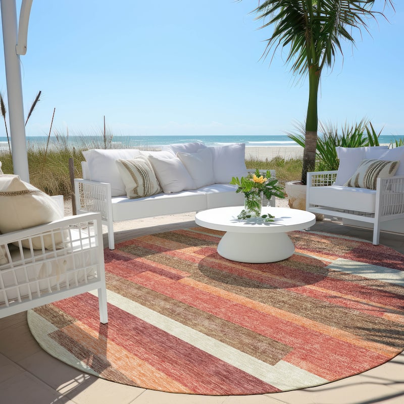 Machine Washable Indoor/ Outdoor Chantille Contempory Stripe Rug - Coral - 8' x 8'