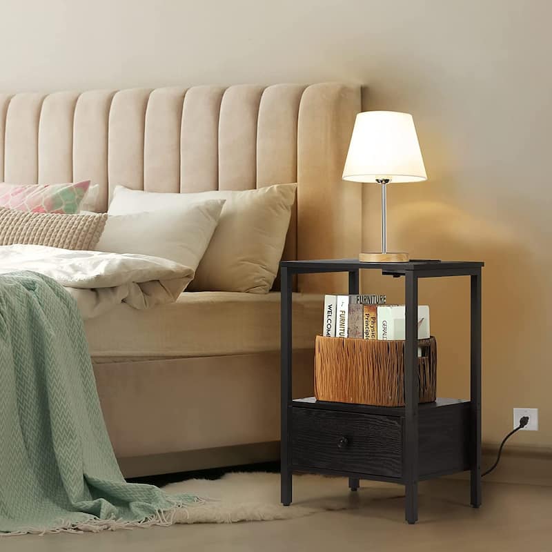 2 PCS Side Table with Charging Station with USB Ports & Power Outlets