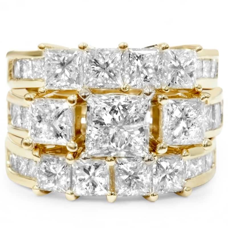 4 1/3ct Princess Cut Enhanced Diamond Engagement Guard Ring Set Yellow Gold
