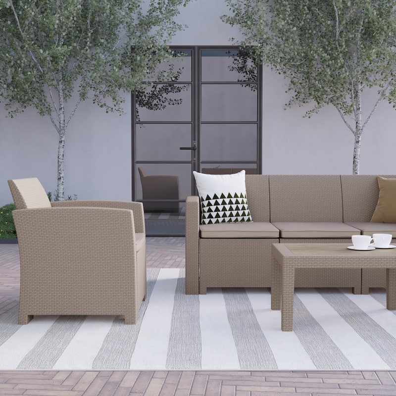 4 Piece Outdoor Faux Rattan Chair, Sofa and Table Set