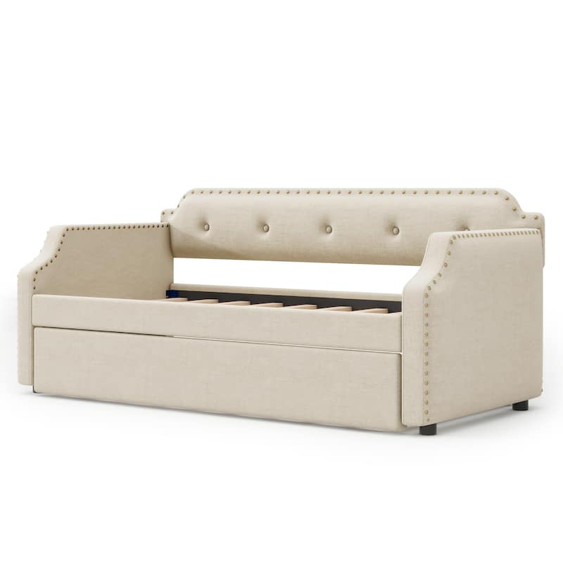 Beige Upholstered Twin Daybed with Pull-Out Trundle and Wood Frame