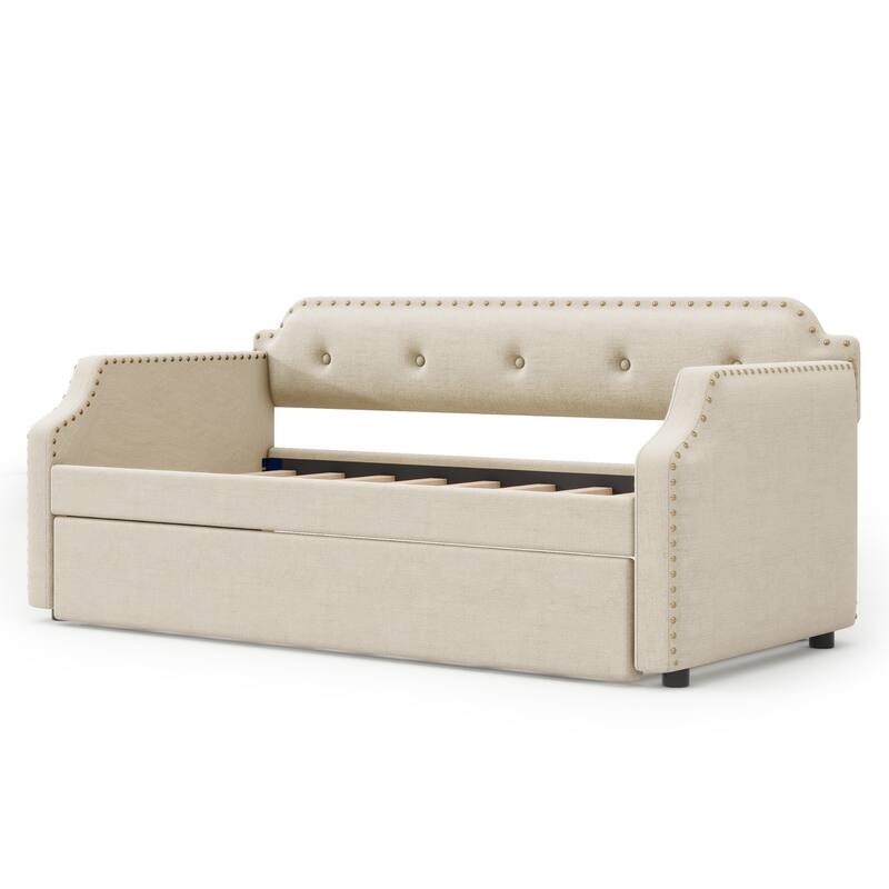 Twin Size Upholstered Sofa Daybed with Trundle, Wood Slat Support, Linen Frame, Perfect for Small Living Spaces and Guest Rooms