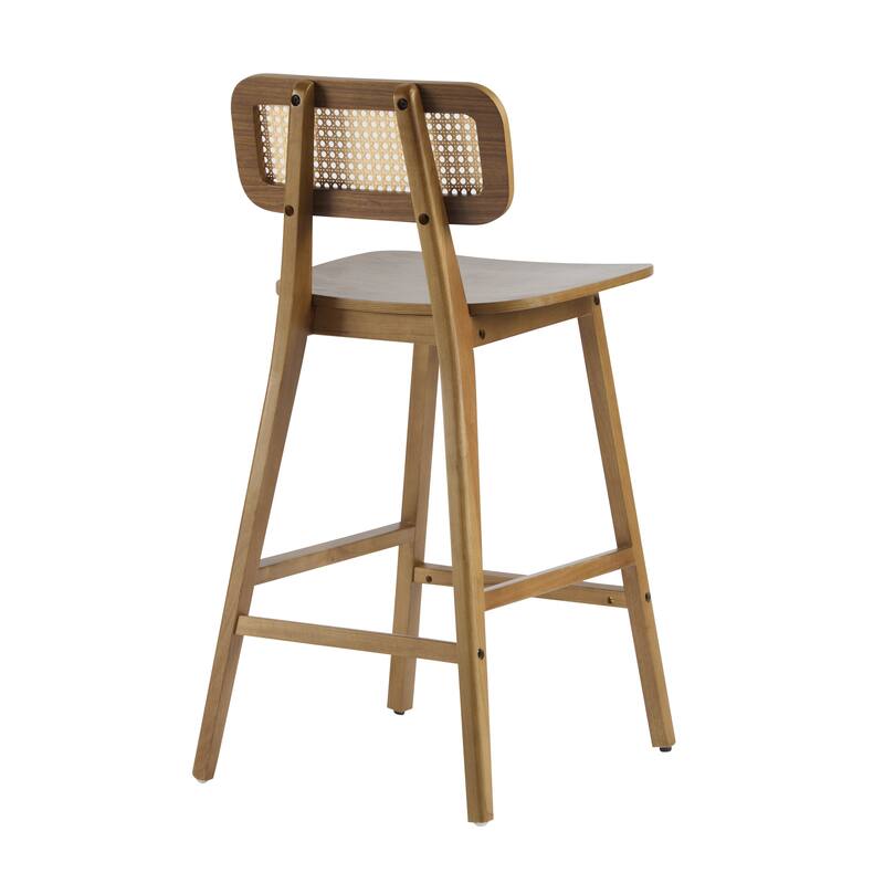 Indoor Barstool Set of 2 with Solid Wood Frame and Rattan Braided Back