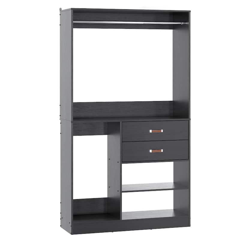 Vryon 40''W Freestanding Closet Organizer with Hanging Rod, Closet System Wardrobe with Wood Drawers - Black