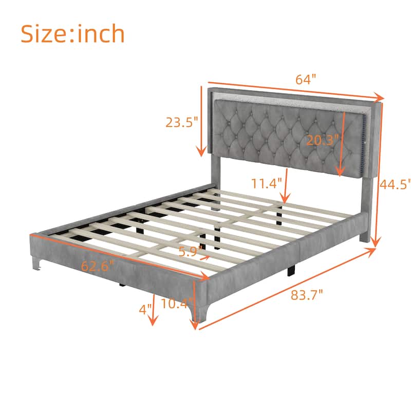 Queen Size Upholstered Bed Frame with LED Lights