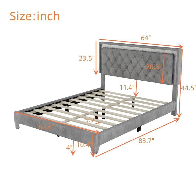 Upholstered Bed Frame with LED Lights,Modern Velvet Platform Bed