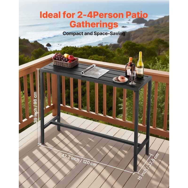 47x15 Inch Outdoor Bar Dining Table with Waterproof Top and Carbon Steel Frame for Balcony Yard or Hot Tub - 47”L x 15”W x 39”H