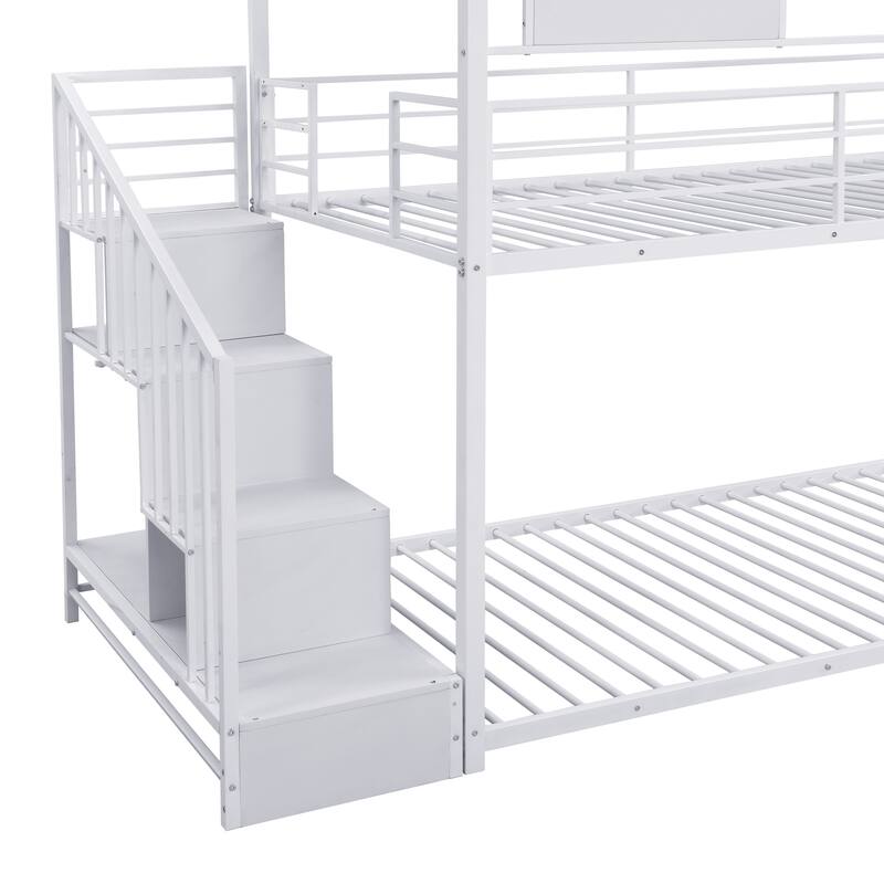 Twin Over Twin Metal House Bunk Bed with Slides and Storage Stairs
