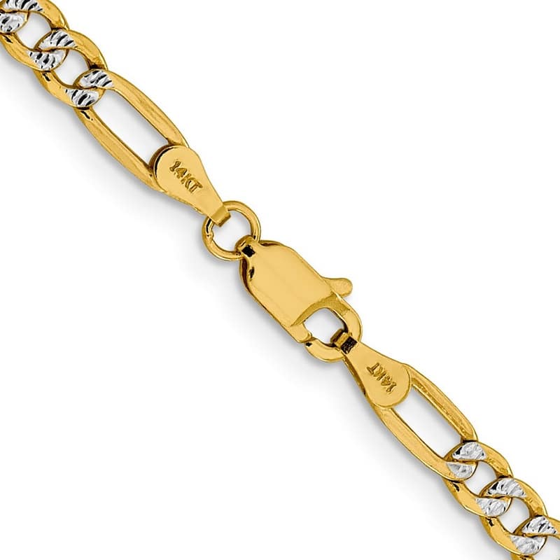 Curata 14k Yellow Gold 3.9mm Semi solid Pave Figaro Chain Bracelet