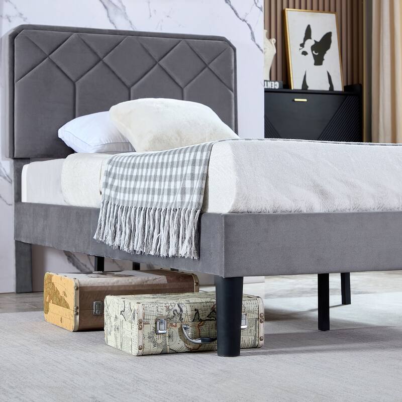 VECELO 3-Pieces Upholstered Platform Bed Frame with Adjustable Headboard and Nightstands Set of 2, Grey