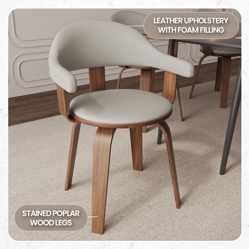 Leather Dining Chair in Solid Wood Accent Arm Chair Open Curved Back Design