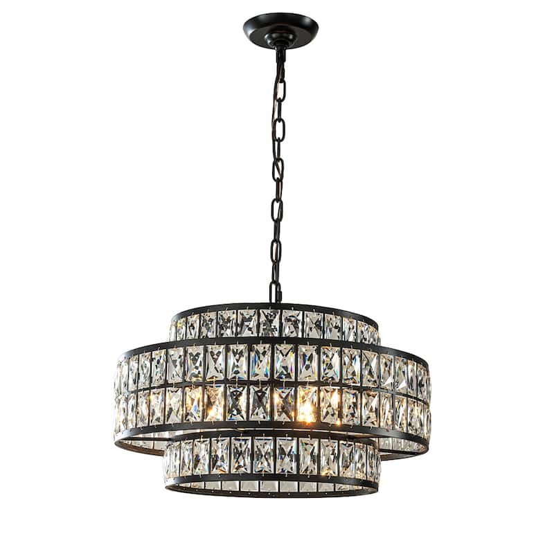 Modern Crystal Chandelier Matte Black Finish Tiered Drum Pendant Light for Small Spaces Dining Room Entryway - W22''