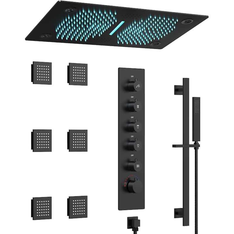 GRANDJOY LUXURY Shower Faucet Set 28"*16" Ceiling Mount Shower Head Body Jets Handheld Spray with Slide Bar LED Music