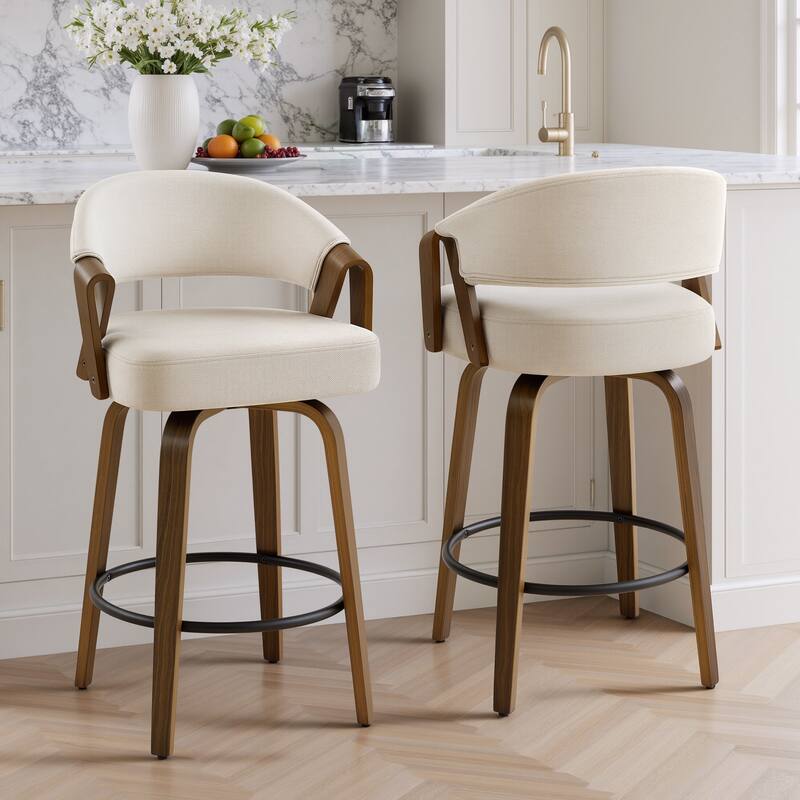 Upholstered Swivel Bar Stool/ Counter Stools with Curved Back - 37.5"H x 20.9"W x 19.9"D - Set of 2 - Off-White-Polyester