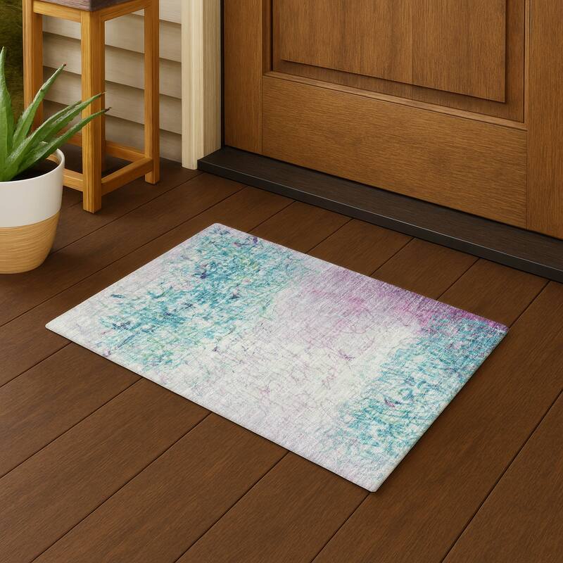 Machine Washable Indoor/ Outdoor Abstract Scribble Chantille Rug - Teal - 1'8" x 2'6"