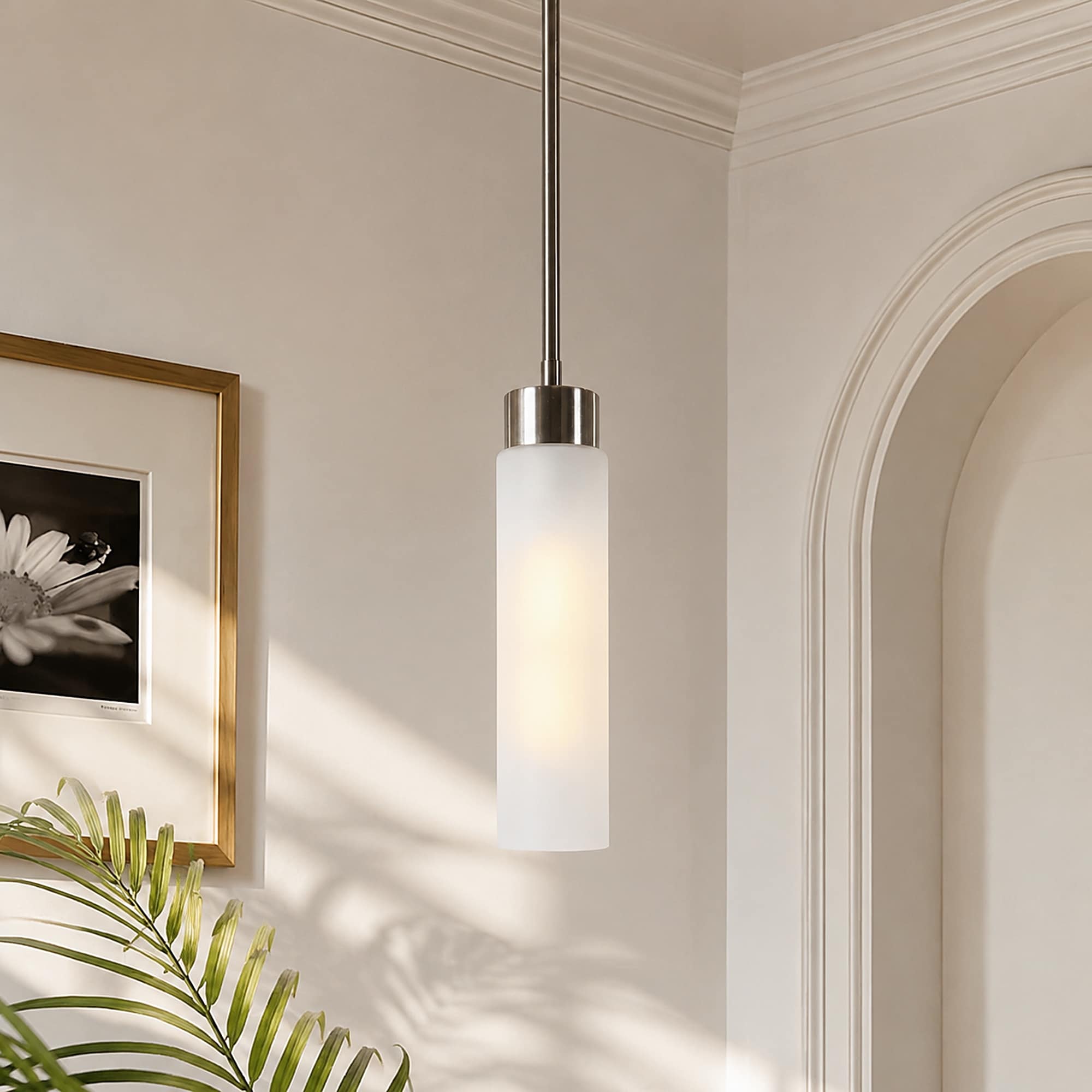 Modern 1-Light Satin Nickel Frosted Cylinder Glass Mini Pendant Light - 3