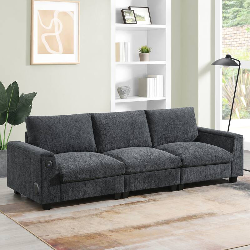 Modern Chenille Sectional Sofa with Fold-Down Table, Bluetooth Speakers, USB Charger, Cup Holders and Hidden Armrest Storage