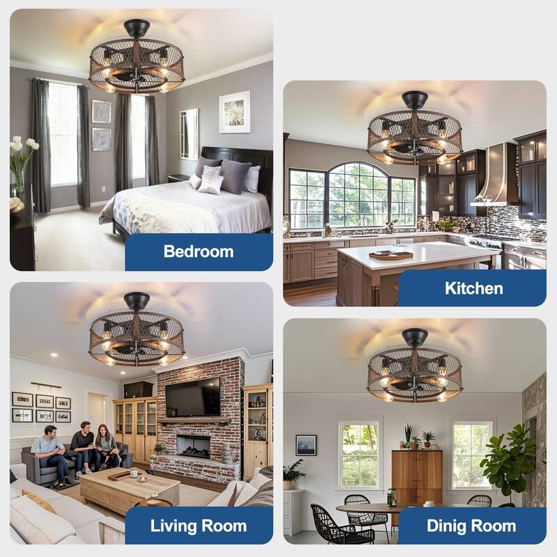 20-26" Caged outdoor Ceiling Fan with Light: Remote App Control-Farmhouse Fandelier Flush Mount Fixture Reversible 6 Speed Timer