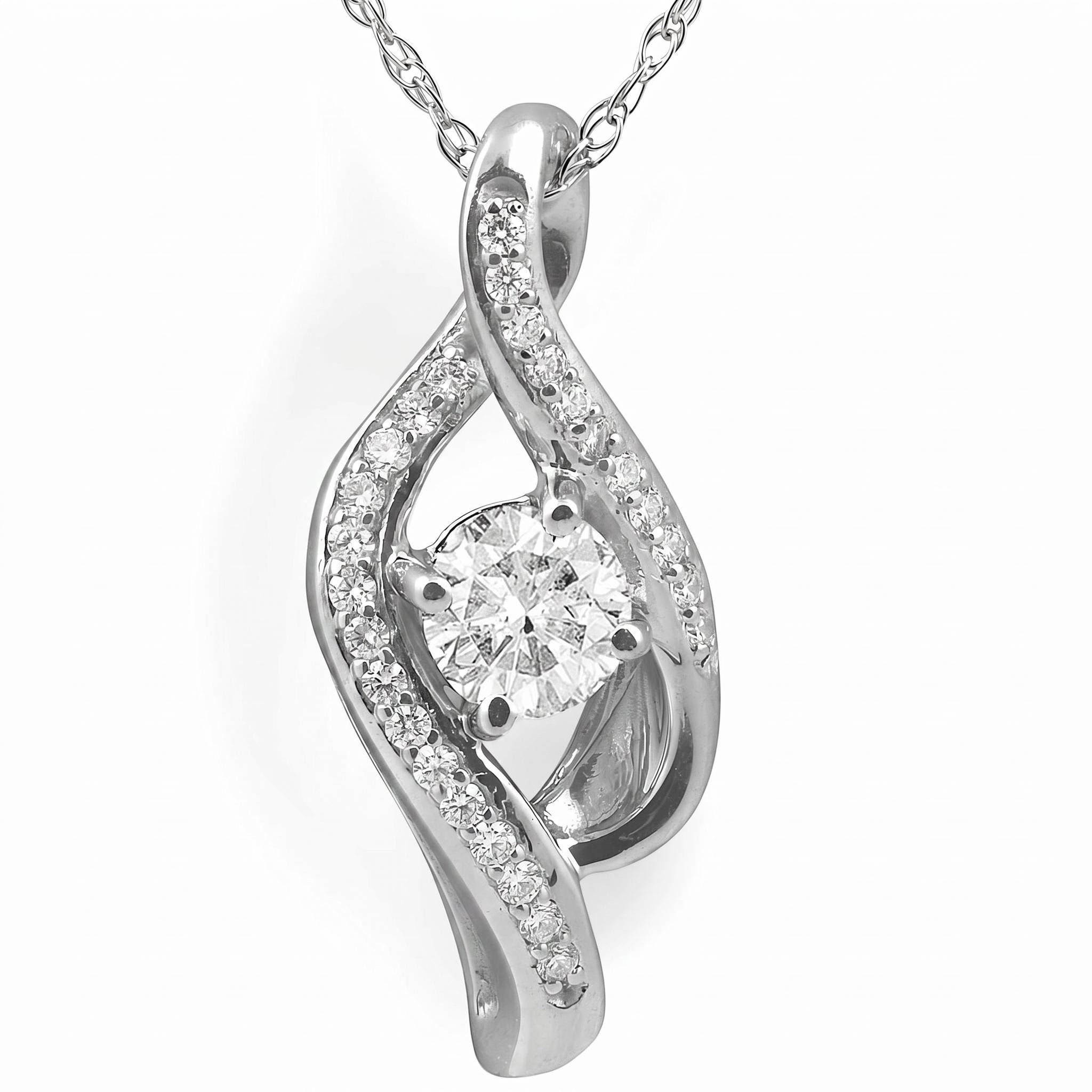 Bliss Diamond 1/3ct Diamond Solitaire Curve Pendant White Gold 3/4" Tall