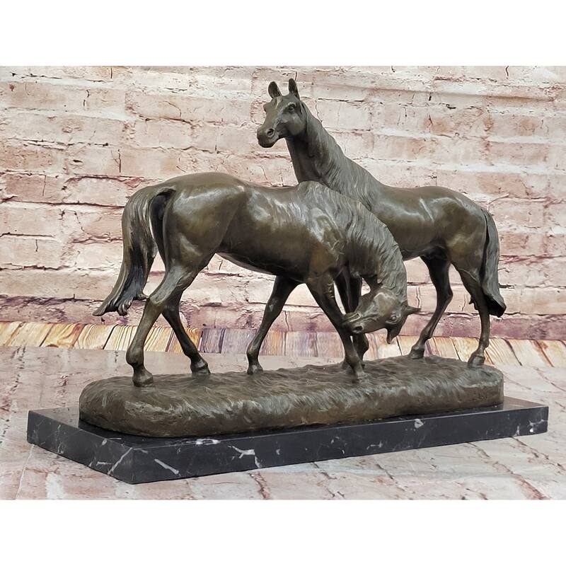 Necking Imitative Horses Equestrian Imitative Horse Lover Bronze Sculpture Statue Art Figure Marble Base