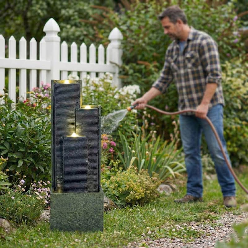 39" H Outdoor Water Fountain Modern Cascading Freestanding Fountain with LED Lights for Garden Patio Porch Lawn Backyard Decor