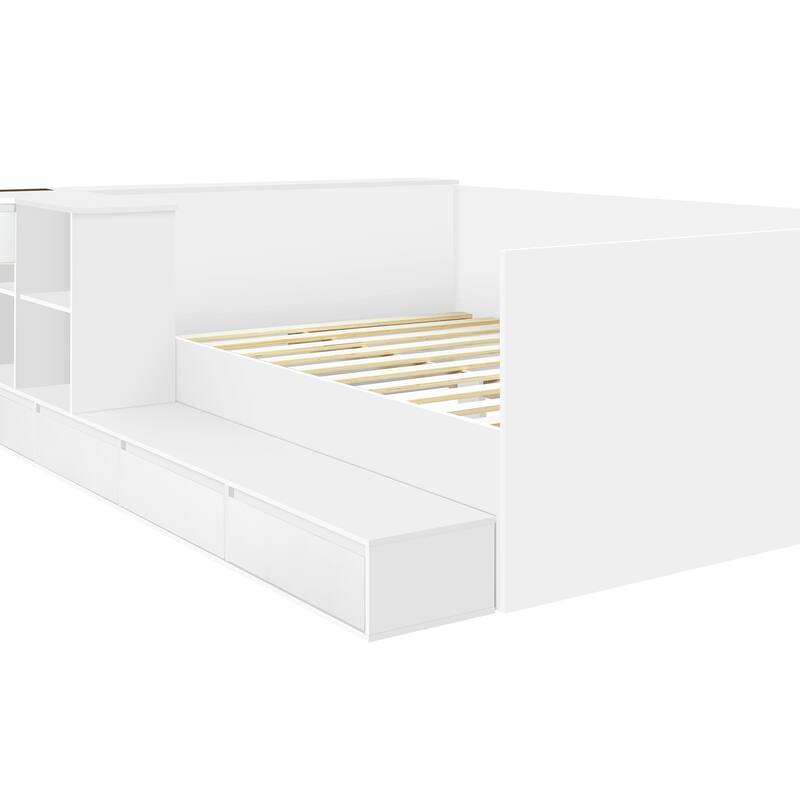 Full Size White Wooden Platform Bed with Drawers, Shelves, and Dressing Table