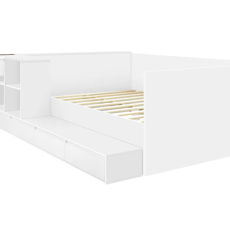 Full-Size Wooden Platform Bed Featuring Six Drawers, Shelves, and a Dressing Table