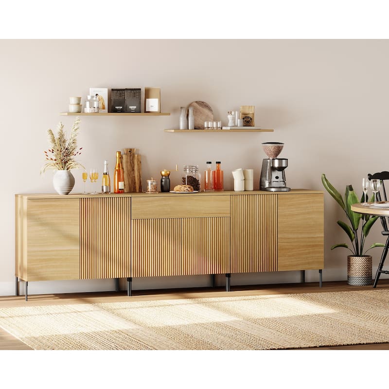 94.5" Modern Reeded 6-Door Sideboard With Drawers, 3-In-1 Wooden Credenza