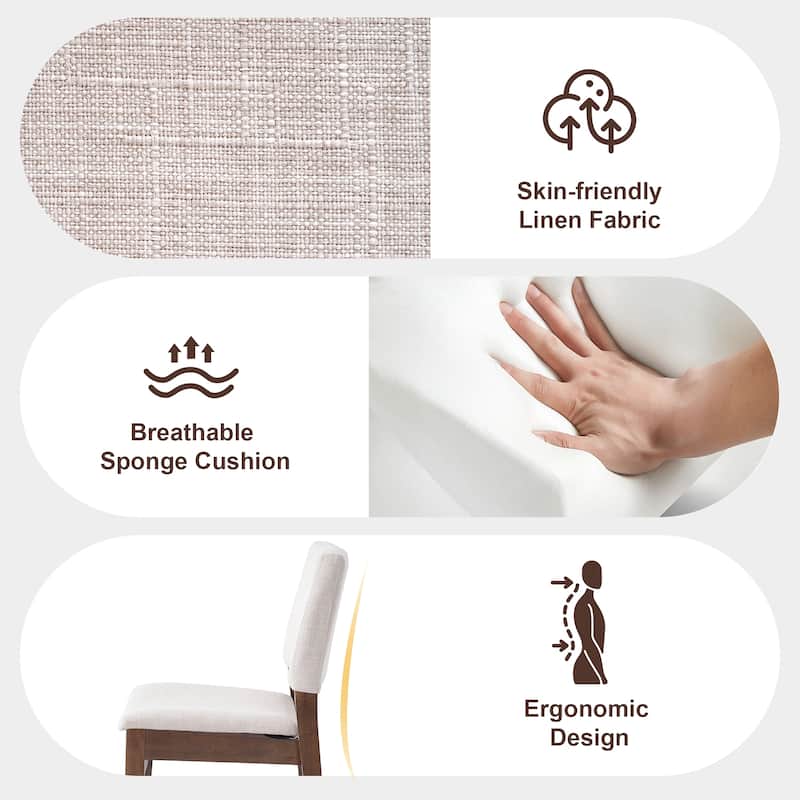 Upholstered Stackable Dining Chairs Set of 4 - Linen Fabric Seat & Backrest, Solid Wood Frame, Rustic Kitchen Chairs