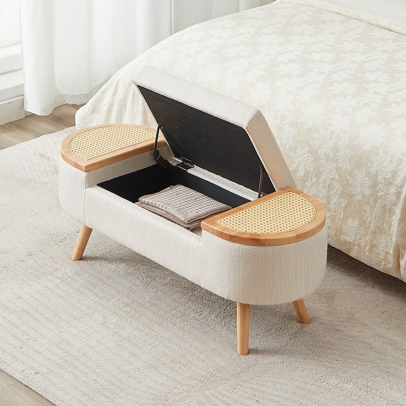 Ottoman Storage Bench with Rattan,Linen Seat