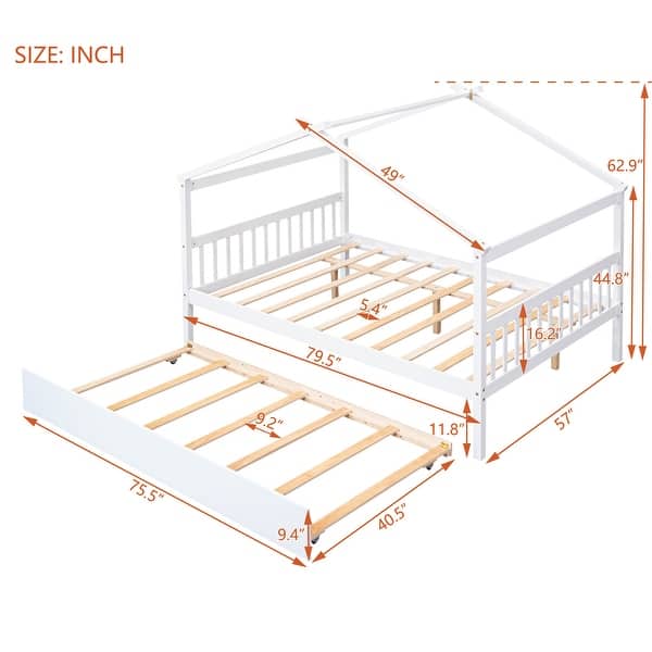 dimension image slide 3 of 4, Full Size Wooden House Bed with Twin Size Trundle Bed Frame for Kids, Teens, Girls, Boys No Box Spring Needed, Easy Assembly
