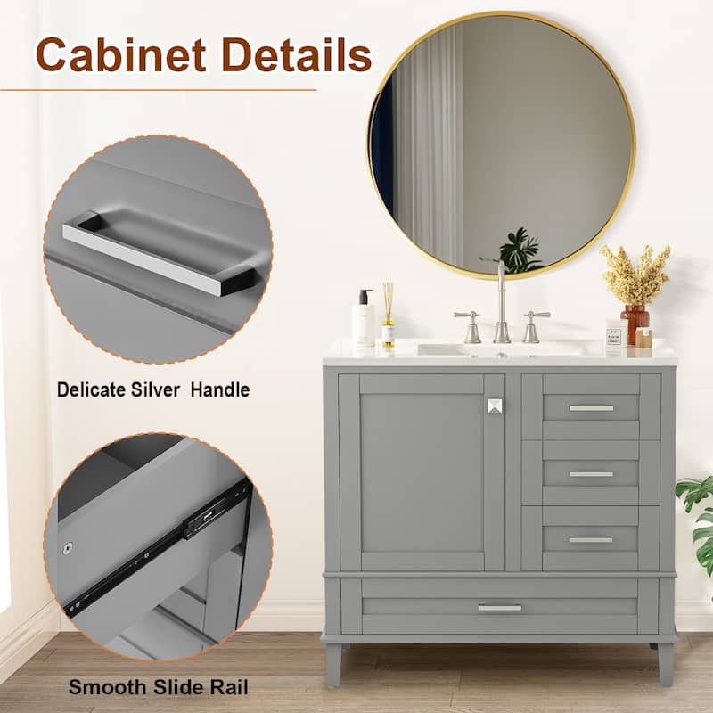 36" Bathroom Vanity with Ceramic Sink,Solid Pine Frame