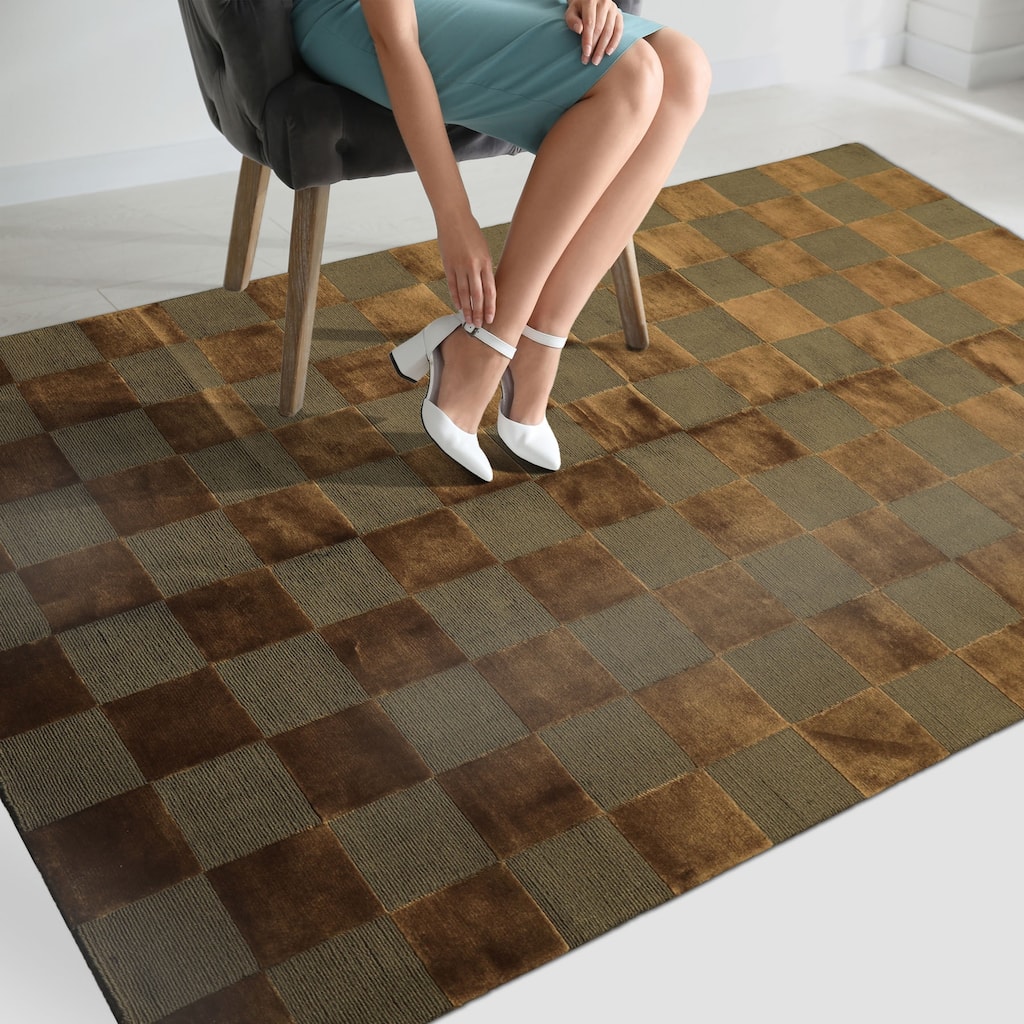 6'1''x9'3'' Tibetano Hand Knotted Wool Olive Modern & Contemporary Designer Rug - 6' 1'' x 9' 3''