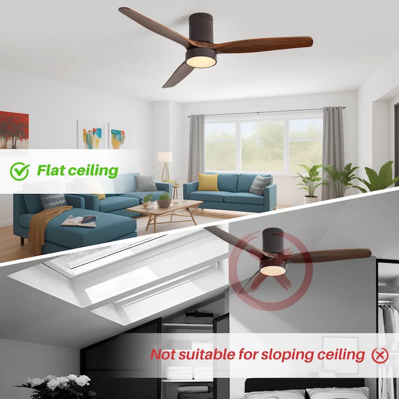 52" Flush Mount Wood Ceiling Fan with Dimmable LED Light and Remote Control