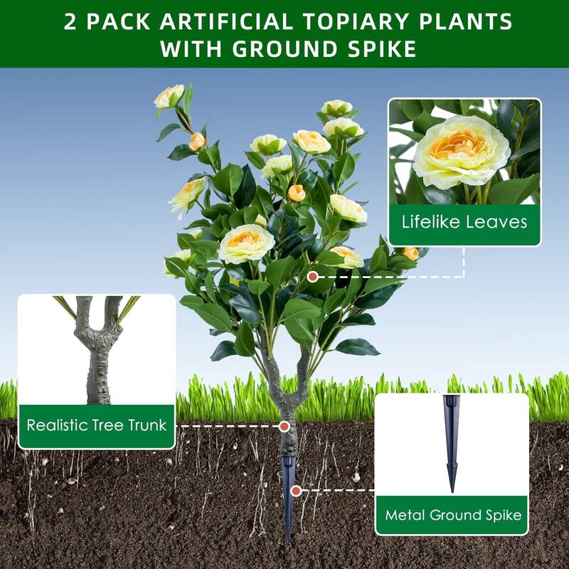 35.4" Artificial Topiary Flower with Ground Spike Set of 4,PE Fake Plants with Metal Stakes