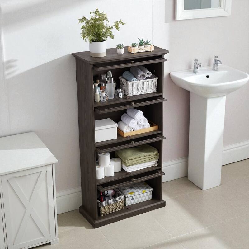 4-Tier Glass Display Cabinet with Flip-Up Doors, Curio Storage Showcase and Bookcase Organizer