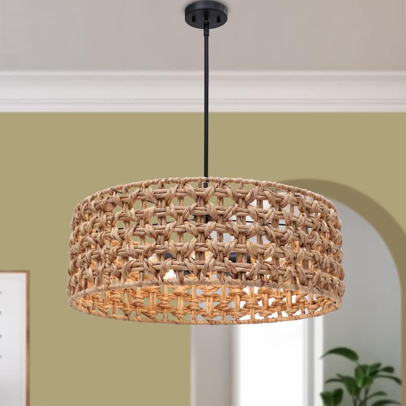 5-Light Rattan Drum Chandelier Coastal Island Pendant Light for Dining Room - 26" W x 9.8" H