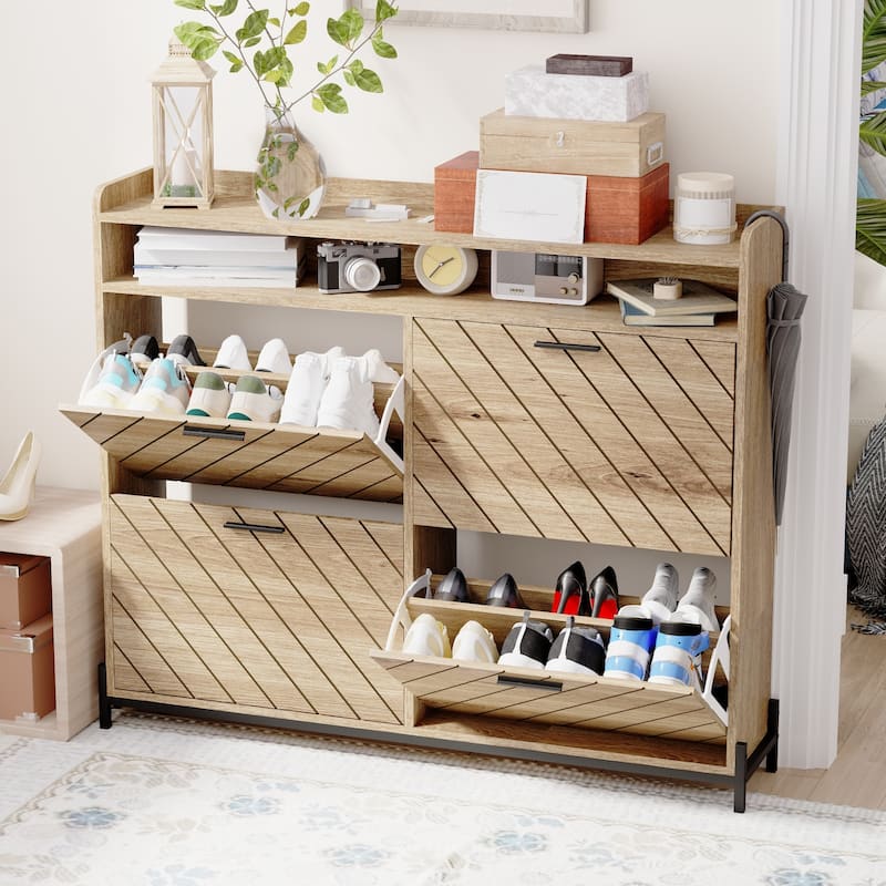 Wood Shoe Organizer Cabinet with 4 Flip Doors for Small Spaces