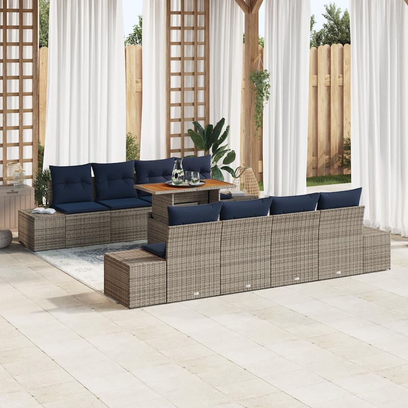vidaXL 9 Garden Sofa Set with Cushions Black/Grey Poly Rattan - 115.8 x 24.4 x 27.2 - Grey