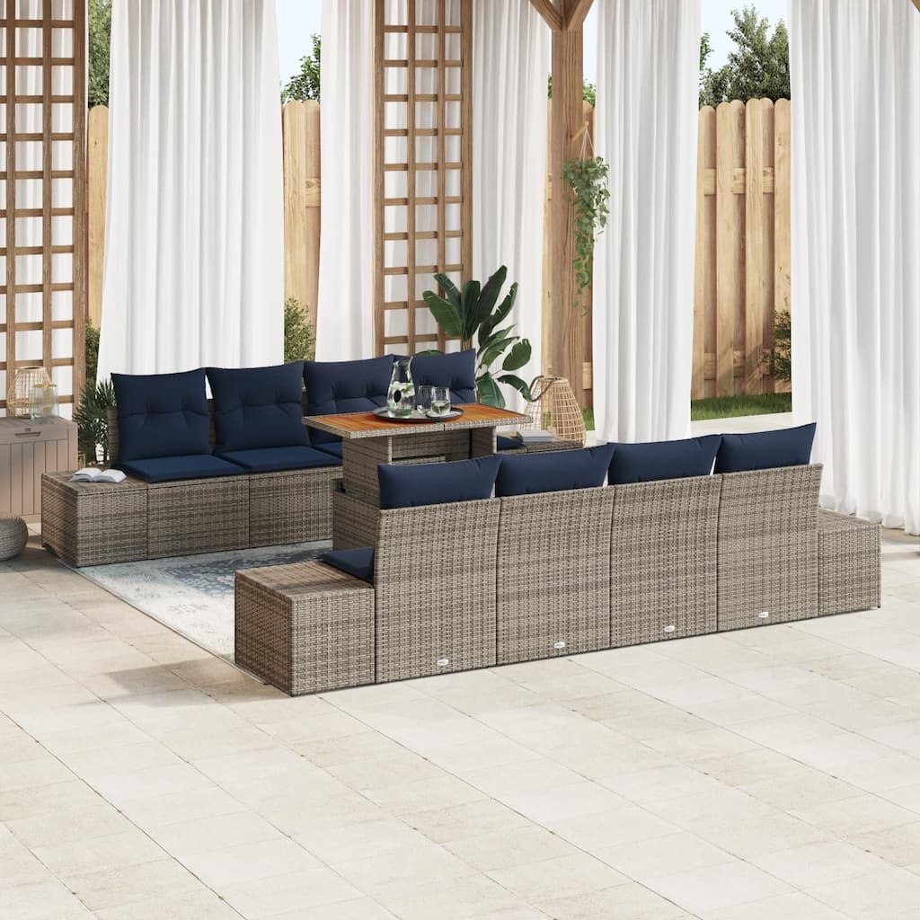 vidaXL 9 Garden Sofa Set with Cushions Black/Grey Poly Rattan - 115.8 x 24.4 x 27.2