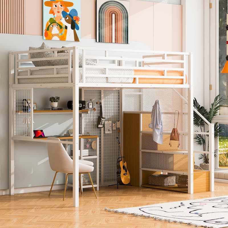 Full Size White Metal Loft Bed with Built-in Wardrobe, Desk & Storage Shelves - White