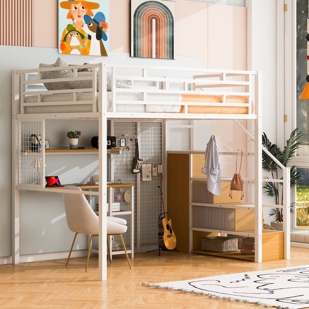 Full Size White Metal Loft Bed with Built-in Wardrobe, Desk & Storage Shelves