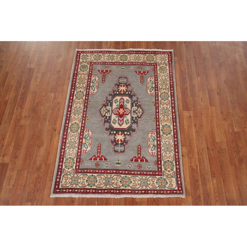 Gray Geometric Kazak Foyer Rug Handmade Wool Carpet - 3'4" x 4'10"