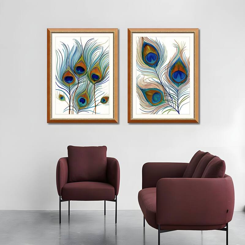 Set of 2 Peacock Feather Framed Wall Art - Replaceable Canvas Prints with Solid Wood Picture Frames, Elegant Botanical