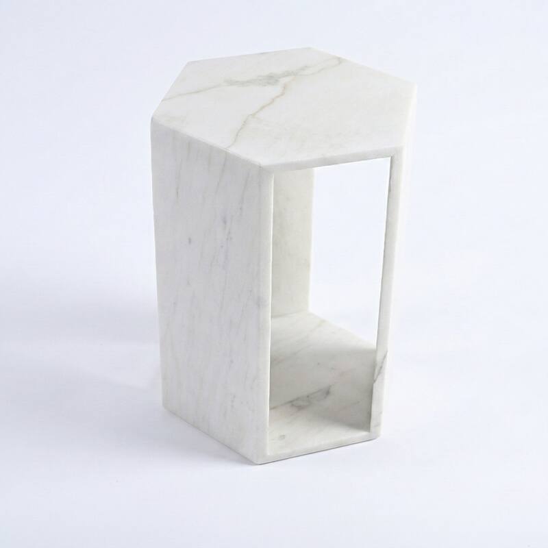 Roomfitters Luxury Natural Marble Hexagon Side Table, Solid Stone Geometric Pedestal End Table, Polished Finish