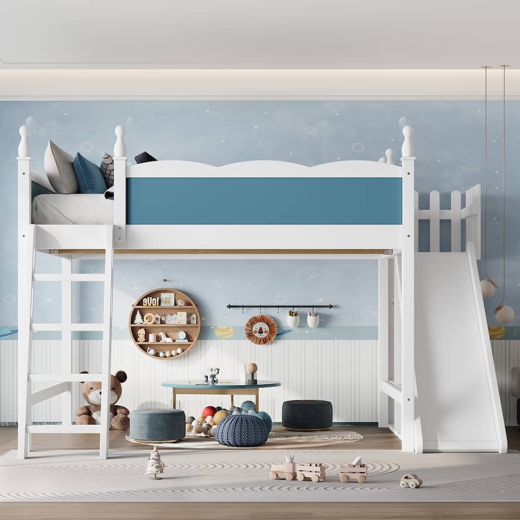 Queen Loft Bed with Storage Shelves and Wardrobe, Solid Wood Loft Beds with Detachable Slide and Ladders, No Spring Box Needed