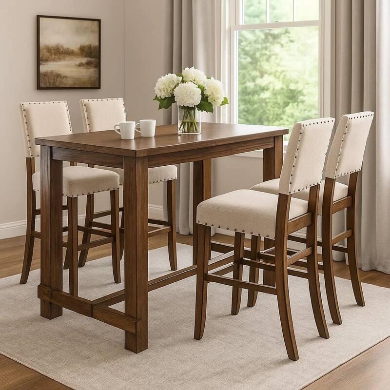 Bega 5pc Bar Height Table and Chair Set, Ivory Linen, Rustic Oak Wood