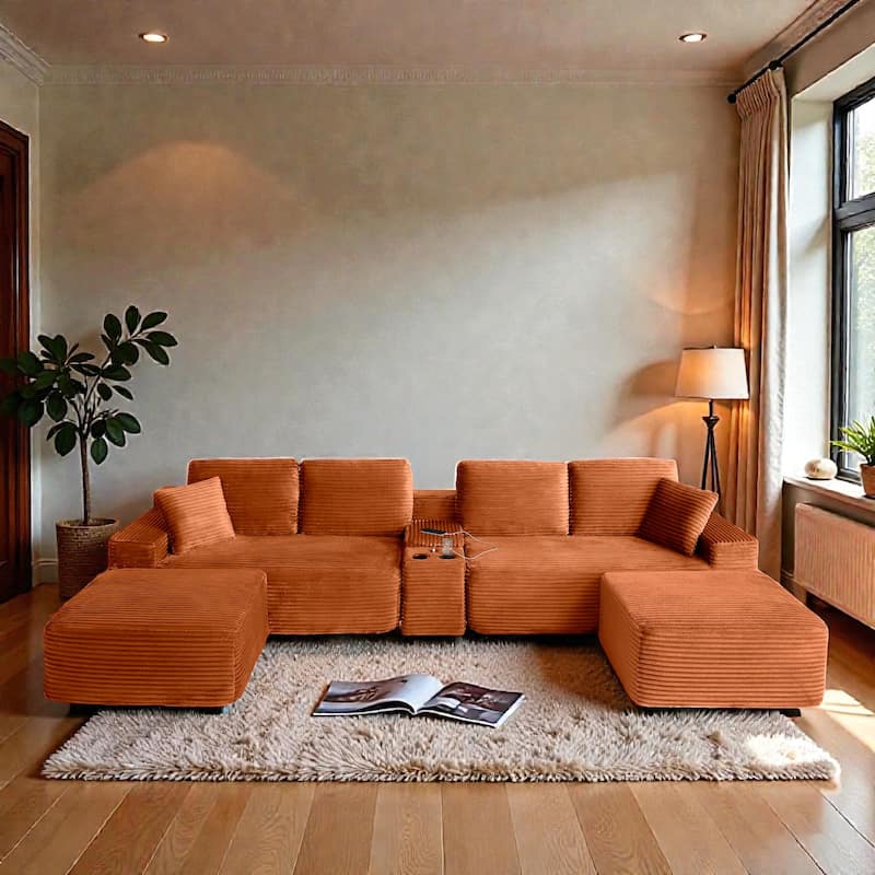 125" L Shaped Sectional Sofa with 2 Ottomans, Cloud Corduroy Couch with Deep Seat, Cup Holders and USB Ports